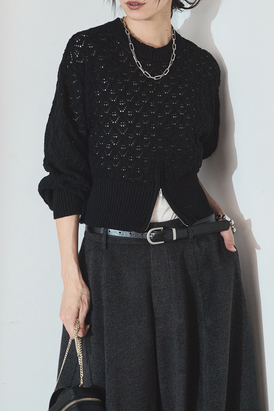 [SET]透かし編みニットジップスリットプルオーバー+ウールタッチカーブワイドパンツ(2set)