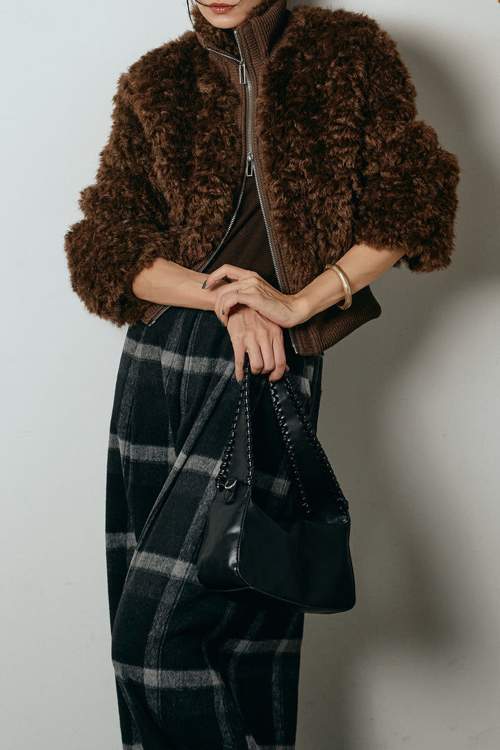 [SET]ハイネックショート丈ボアジップブルゾン+起毛タータンチェック柄ワイドパンツ(2set)