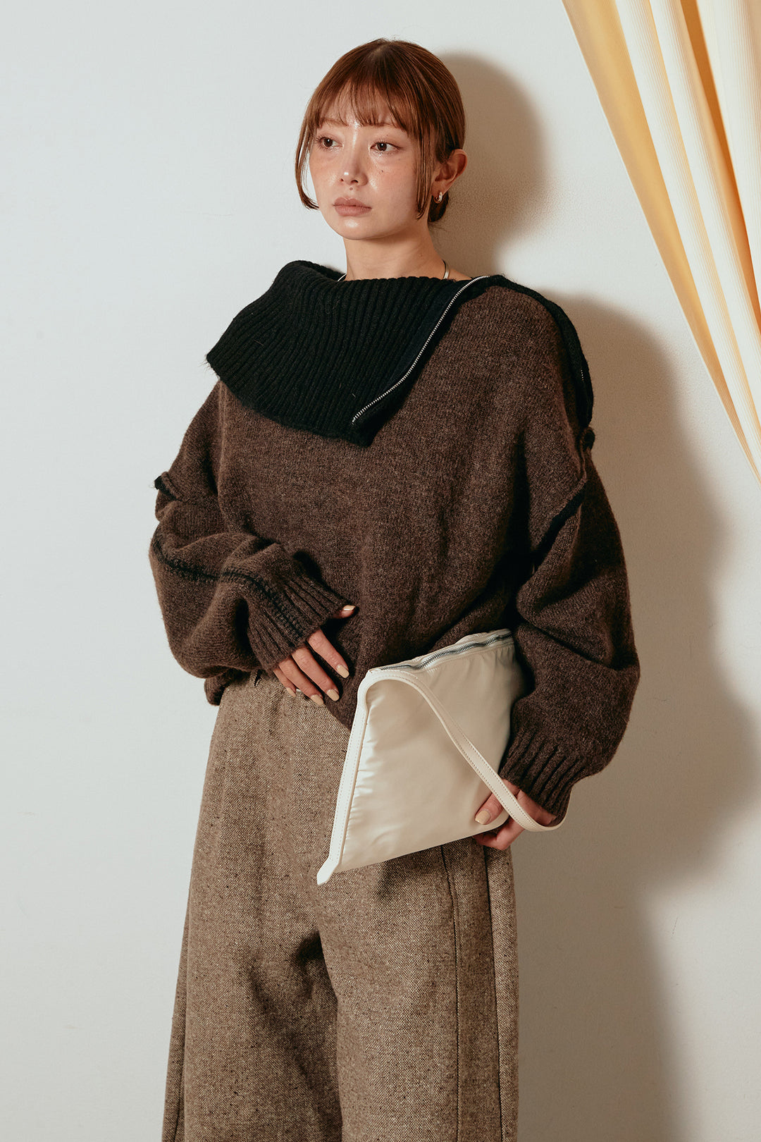 [SET]ハイネックジップデザインニットトップス+ベルト付きネップツイードカーブパンツ(2set)