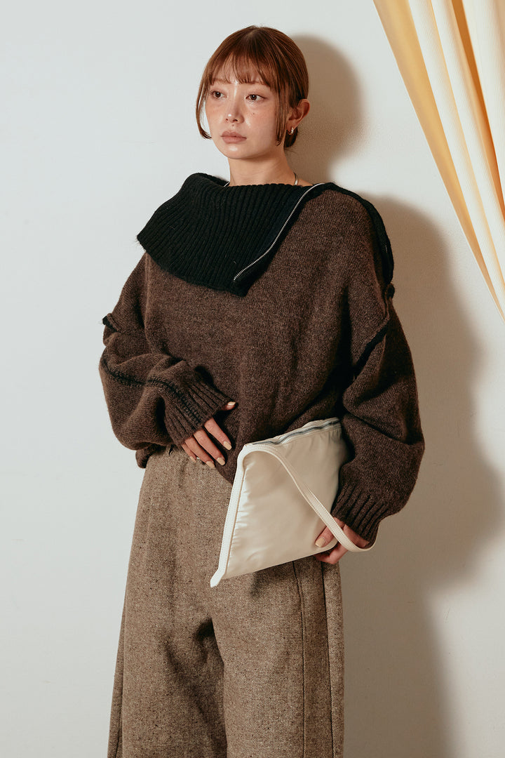 [SET]ハイネックジップデザインニットトップス+ベルト付きネップツイードカーブパンツ(2set)