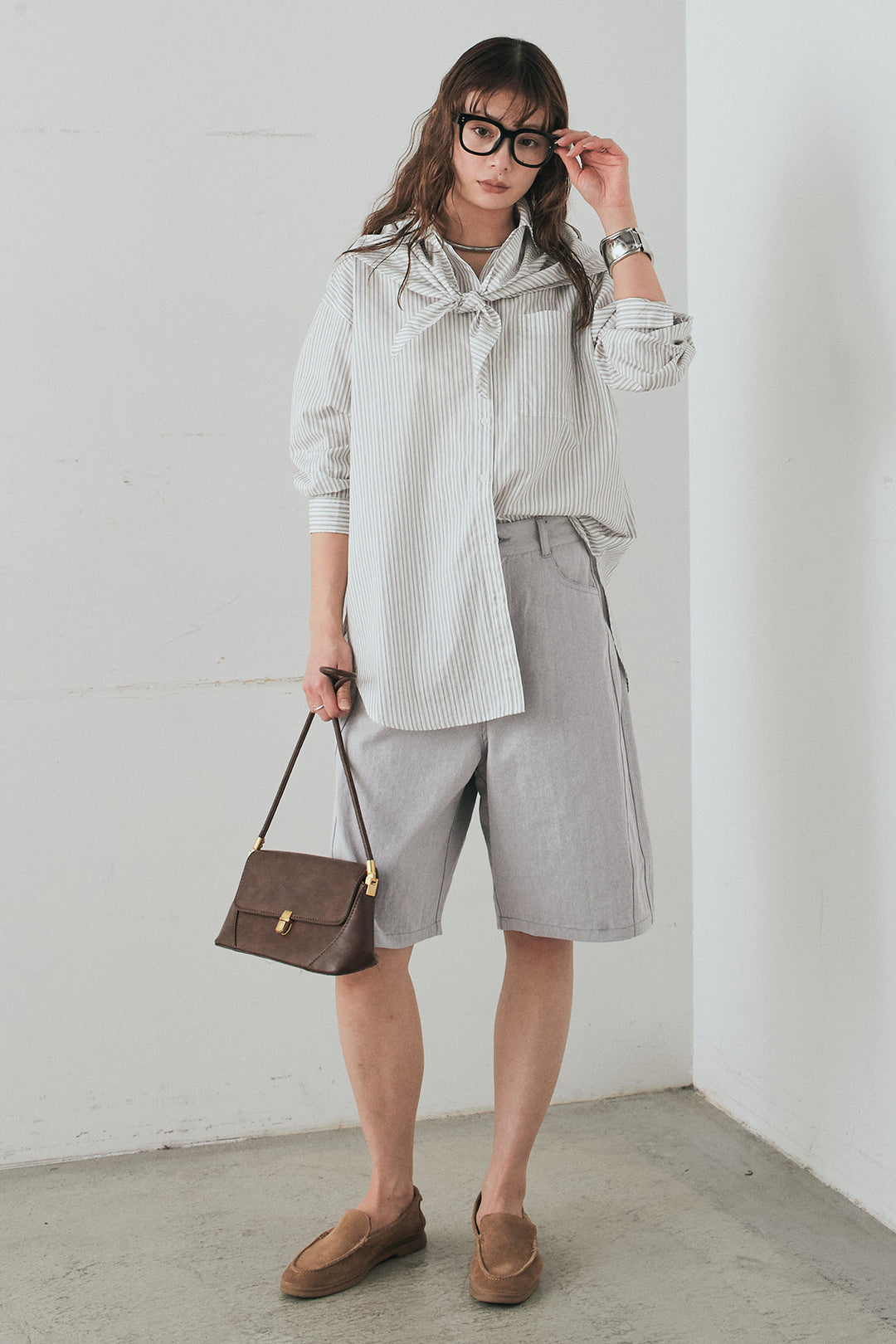 [SET]ランダムストライプスカーフ付きシャツ+デニムハーフパンツ(2set)