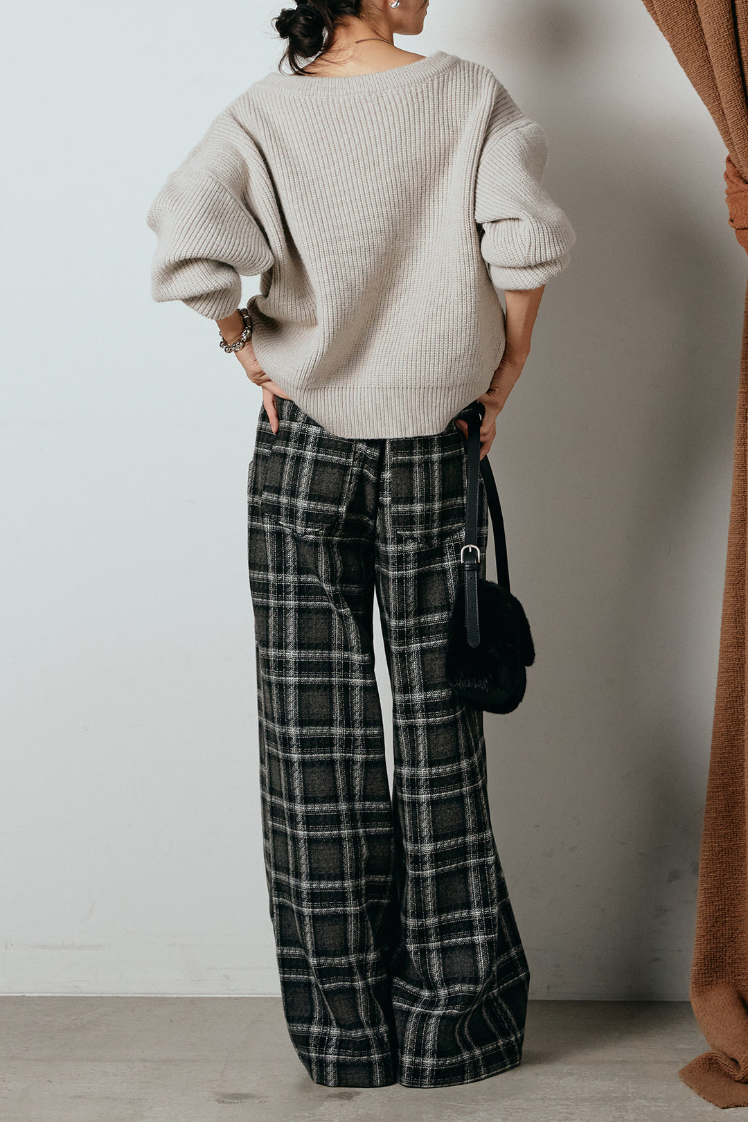 [SET]ロゴジャガードニットトップス+ルーズタータンチェックワイドパンツ(2set)