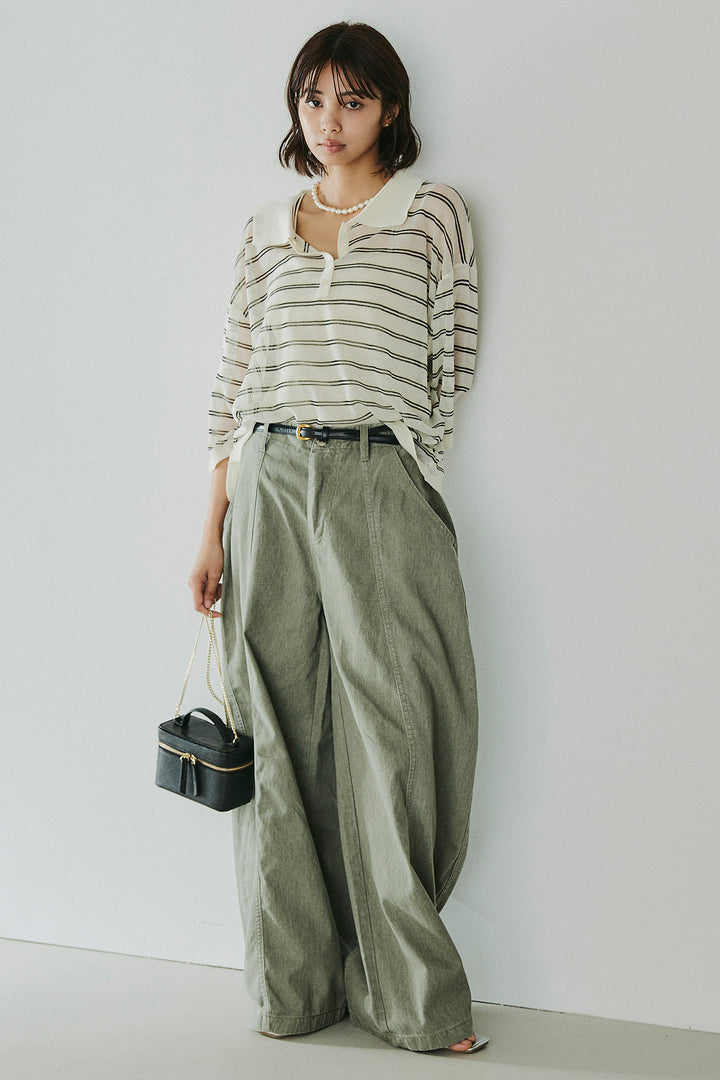 [SET]ボーダーニットポロシャツ+サイドベルトカーブワイドパンツ(2set)