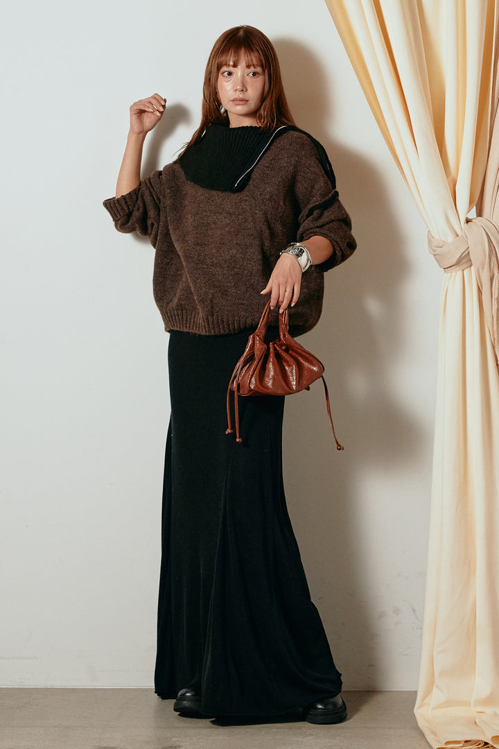 [SET]ハイネックジップデザインニットトップス+サイド切り替えリブニットロングスカート(2set)