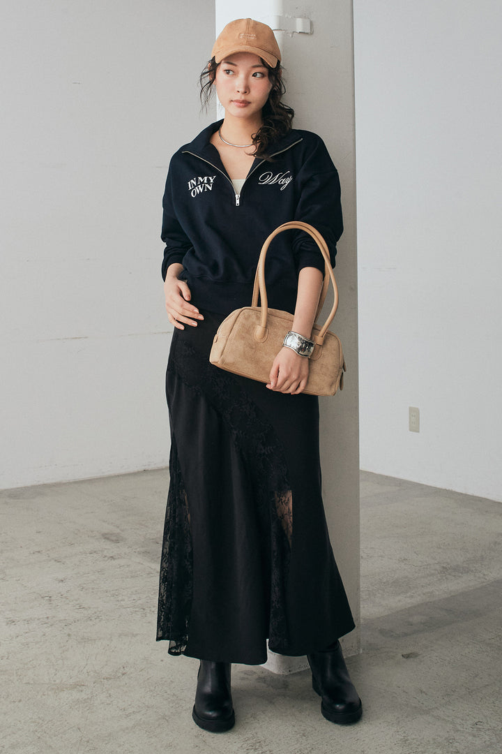 [SET]裏毛ロゴ刺繍ハーフZIPスウェット+刺繍レースデザインサテンスカート(2set)