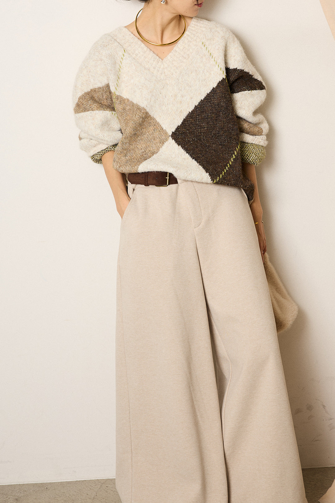 [SET]ルーズアーガイルVネックニット+サイドベルトパンツ(2set)