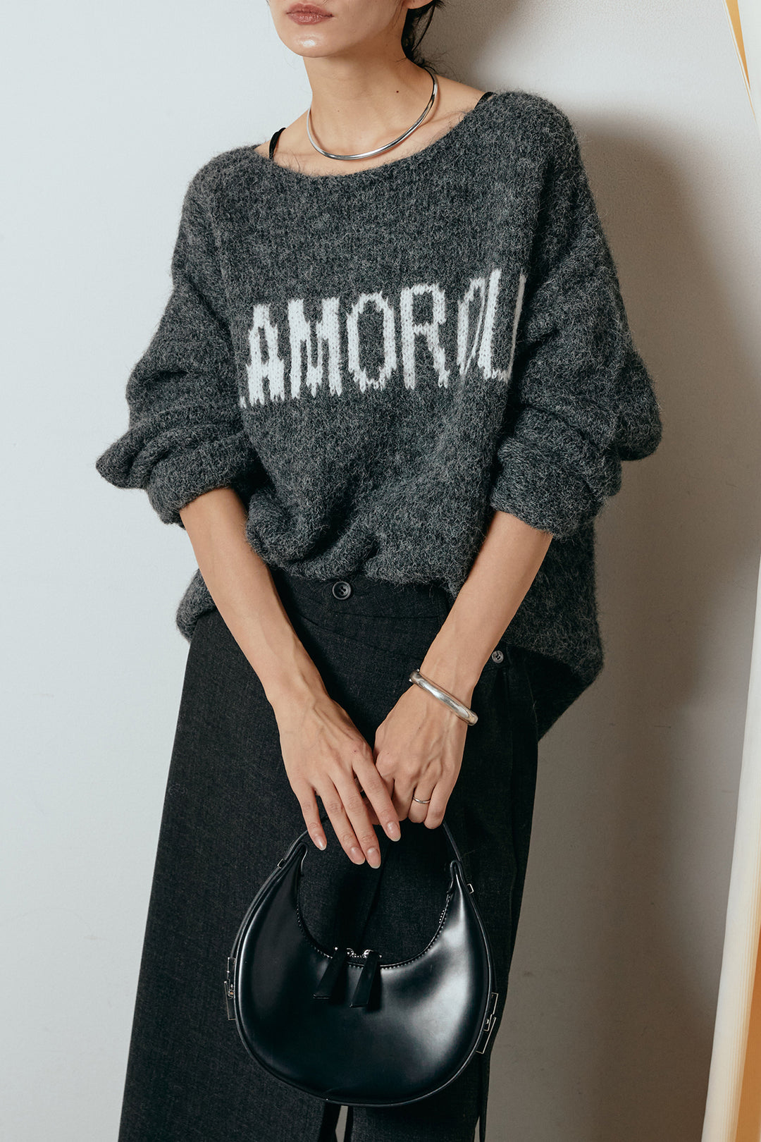 [SET]フロントロゴデザインニットトップス+ラップ巻きワイドスラックス(2set)