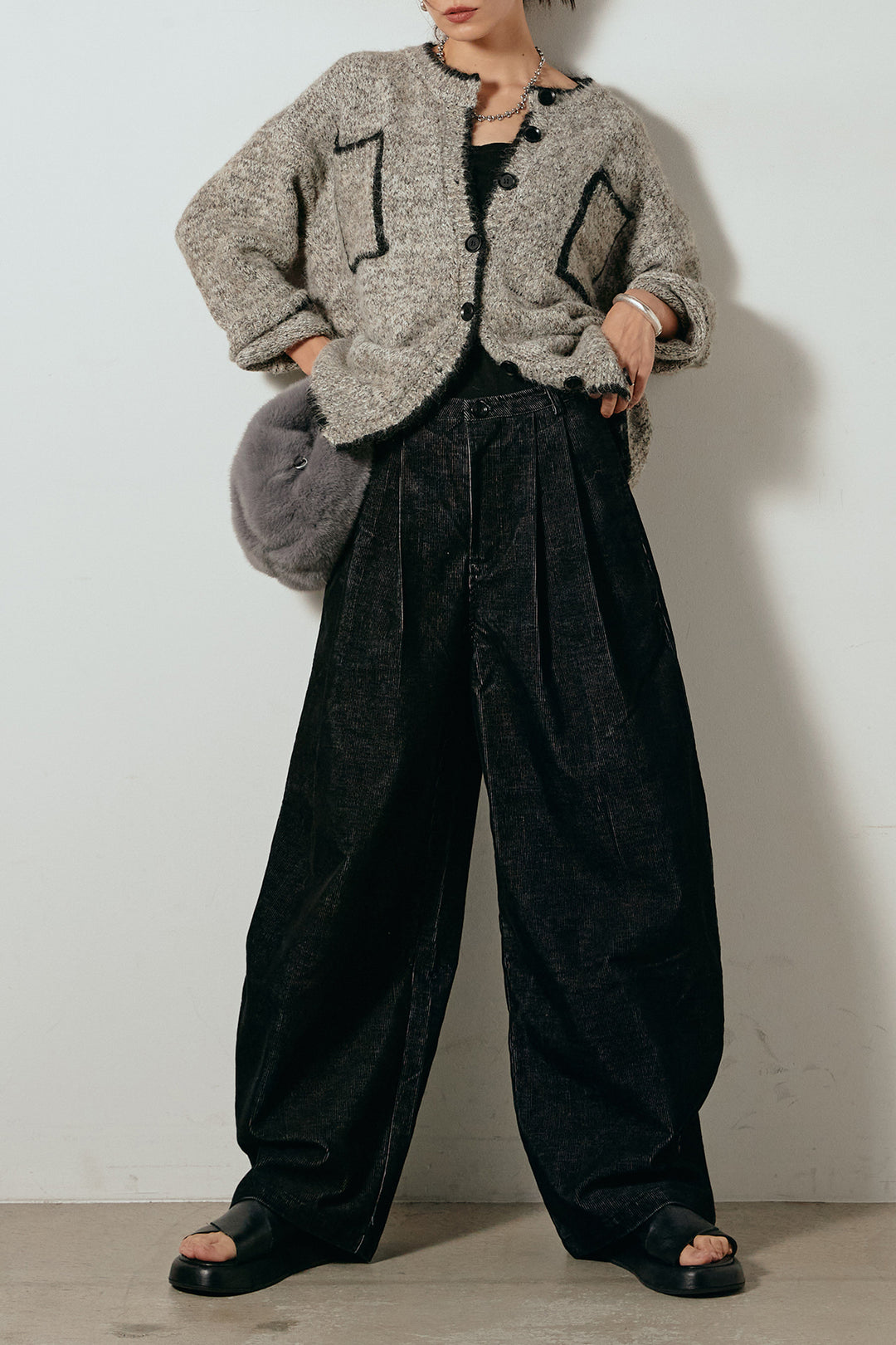 [SET]ミックスニットポケットカーディガン+フロントタック入りコーデュロイパンツ(2set)