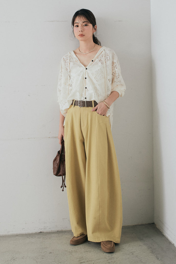 [SET]ブロックレースフード付きブラウス+ベルト付きサイドタックワイドパンツ(2set)