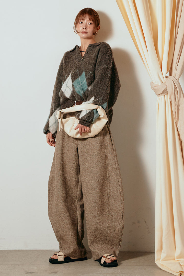 [SET]アーガイル柄ポロニットトップス+ベルト付きネップツイードカーブパンツ(2set)