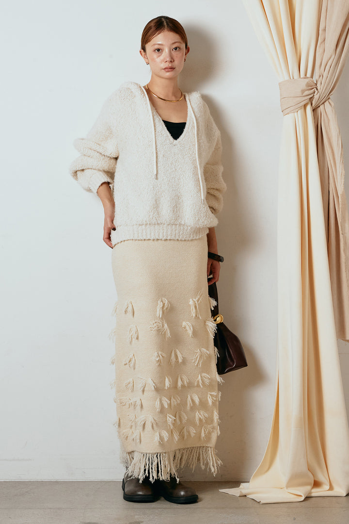 [SET]ブークレキーネックプルオーバー+ポイントフリンジニットナロースカート(2set)