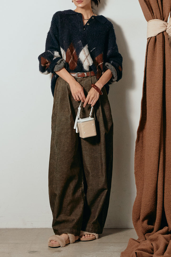 [SET]アーガイル柄ポロニットトップス+フロントタック入りコーデュロイパンツ(2set)