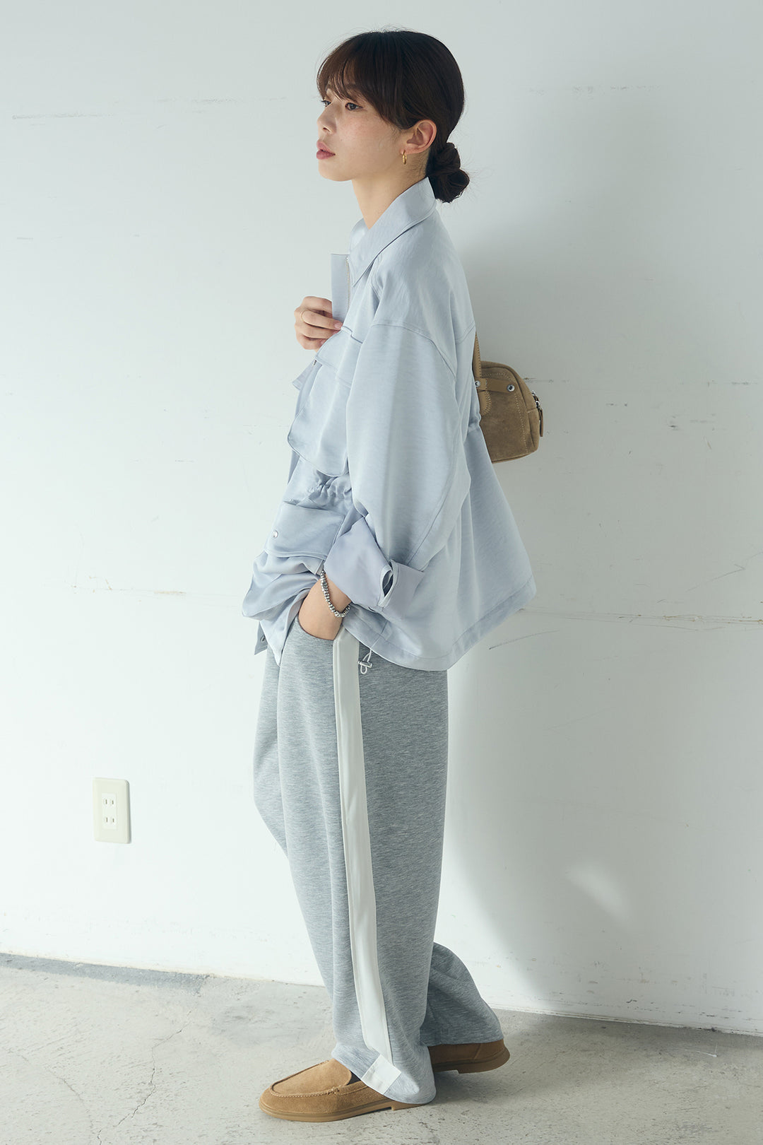 [SET]サテンライトブルゾン+異素材切り替えスウェットパンツ(2set)