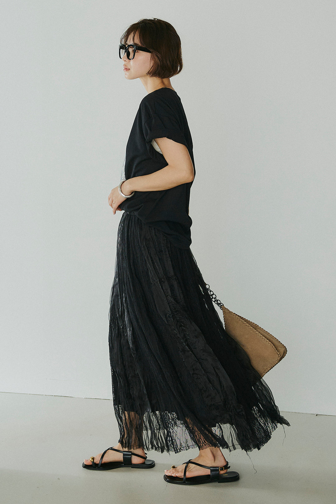 [SET]レースロゴ刺繍Tシャツ+レースコンビワッシャーギャザースカート(2set)