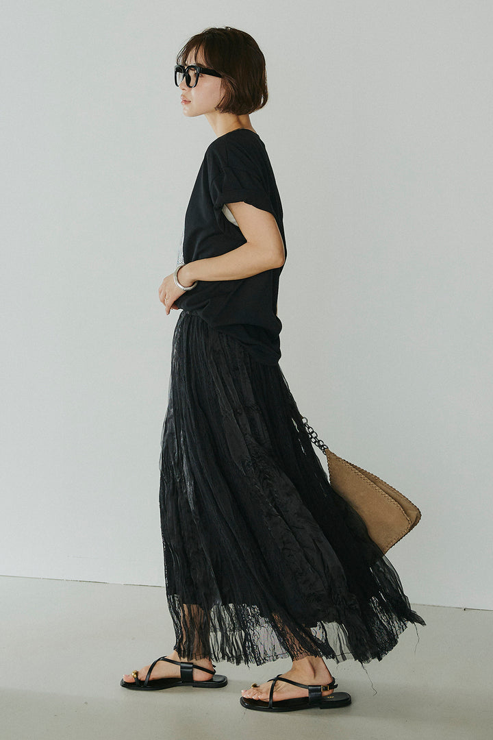 [SET]レースロゴ刺繍Tシャツ+レースコンビワッシャーギャザースカート(2set)