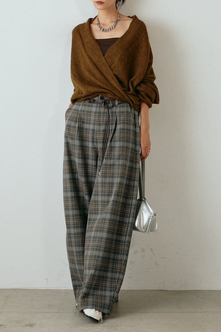 [SET]カシュクールデザインニット+編みベルト付きタータンチェックワイドパンツ(2set)