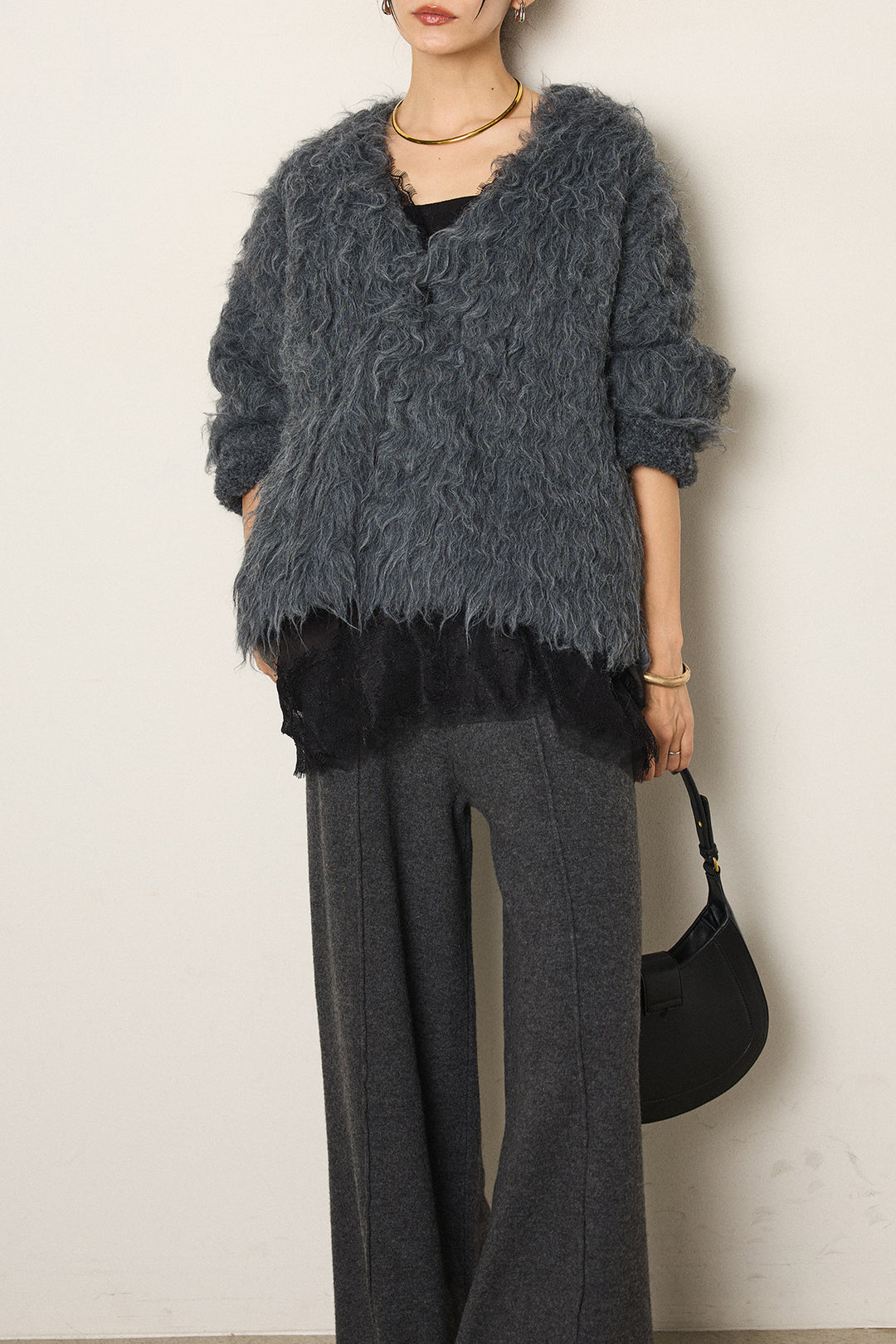 [SET]起毛シャギーニットカーディガン+センターラインニットパンツ+レース切り替えキャミソール(3set)