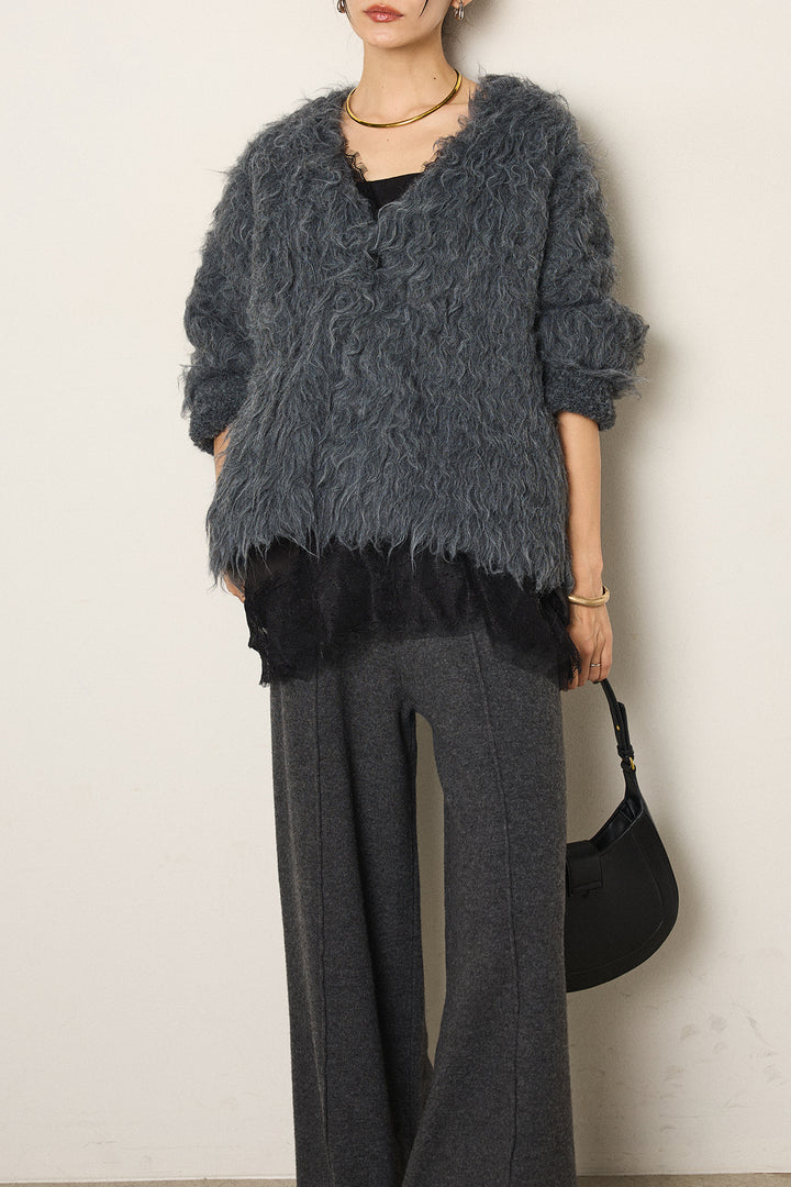 [SET]起毛シャギーニットカーディガン+センターラインニットパンツ+レース切り替えキャミソール(3set)