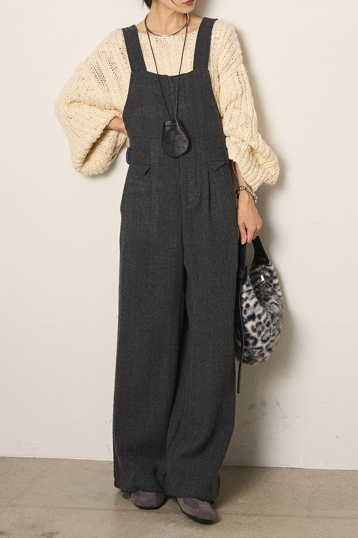 [SET]チャンキースラブニットクロップドプルオーバー+クラシックヘリンボーンサロペット(2set)