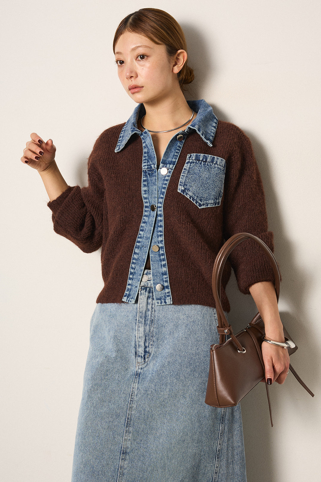 [SET]襟付きデニム切替ニットカーディガン+デニムロングフレアスカート(2set)