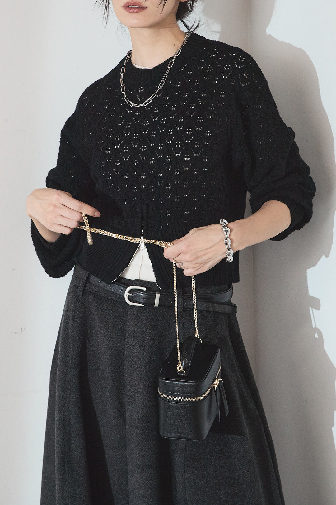 [SET]透かし編みニットジップスリットプルオーバー+ウールタッチカーブワイドパンツ(2set)