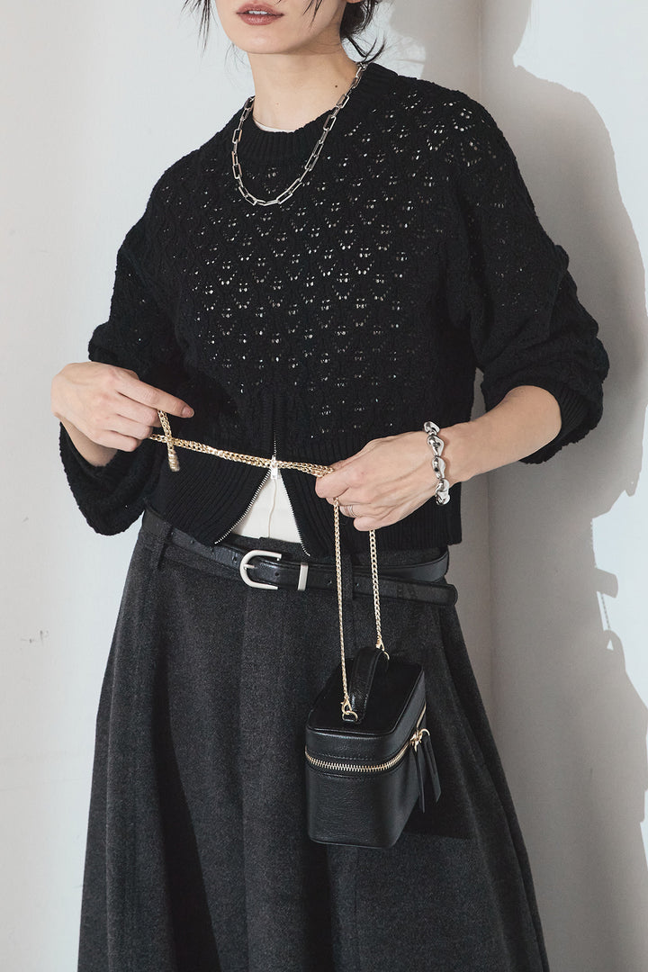 [SET]透かし編みニットジップスリットプルオーバー+ウールタッチカーブワイドパンツ(2set)