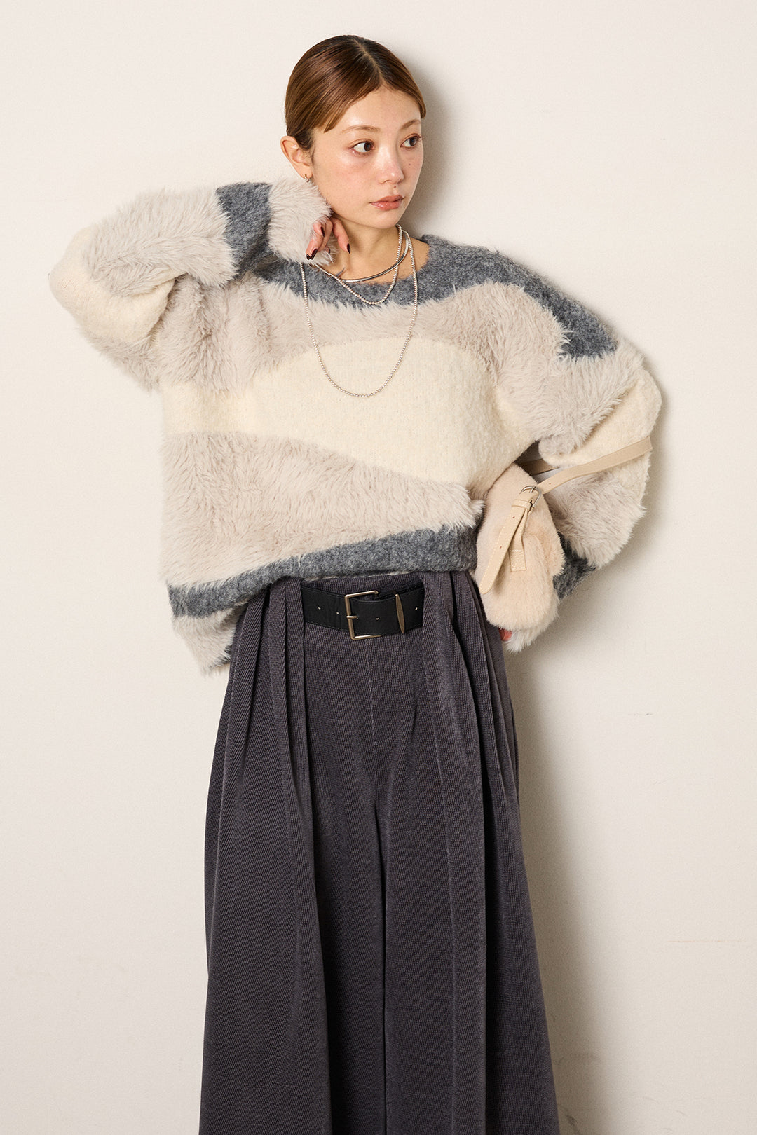 [SET]シャギーウェーブ柄クルーネックニットトップス+ベルトループコーデュロイワイドパンツ(2set)