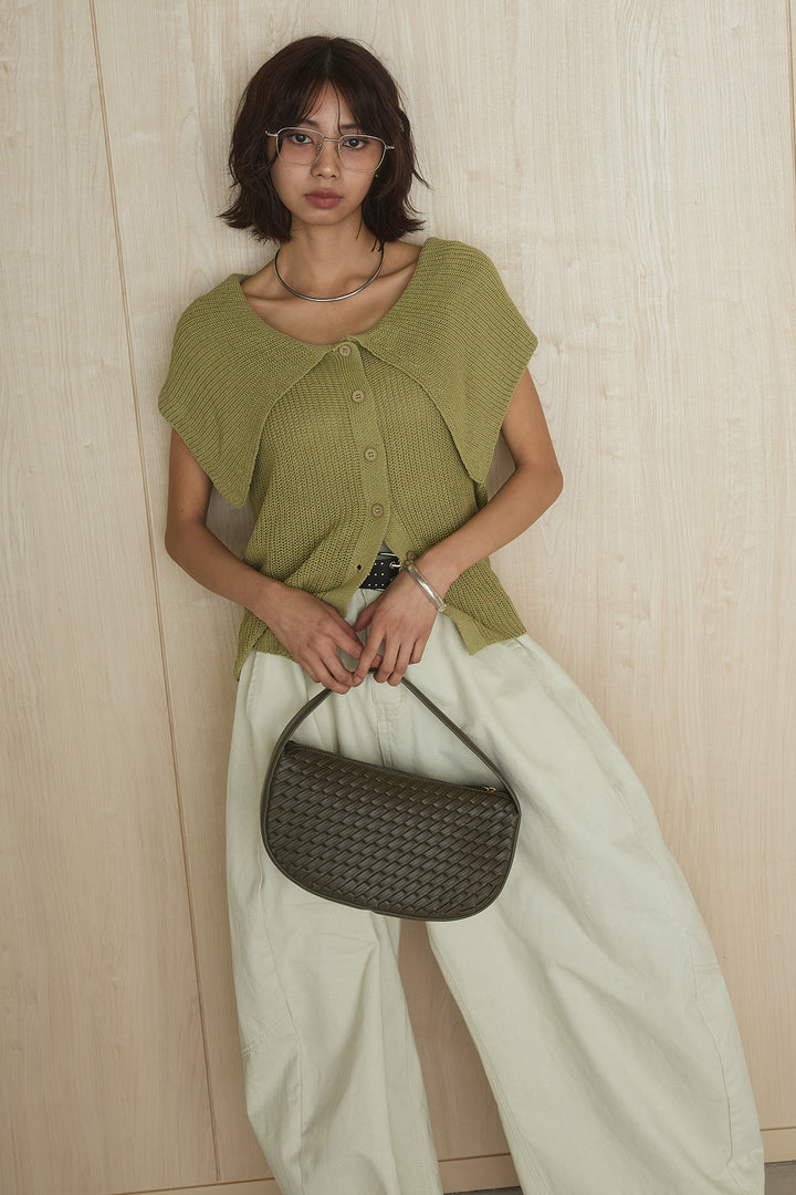 [SET]ビッグカラーボタンニットトップス+ベルト付きカラーデニムパンツ(2set)