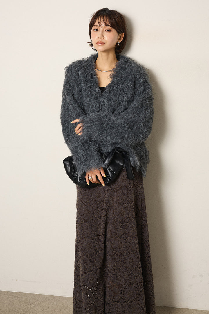 [SET]起毛シャギーニットカーディガン+花柄刺繍ベロアフレアスカート(2set)
