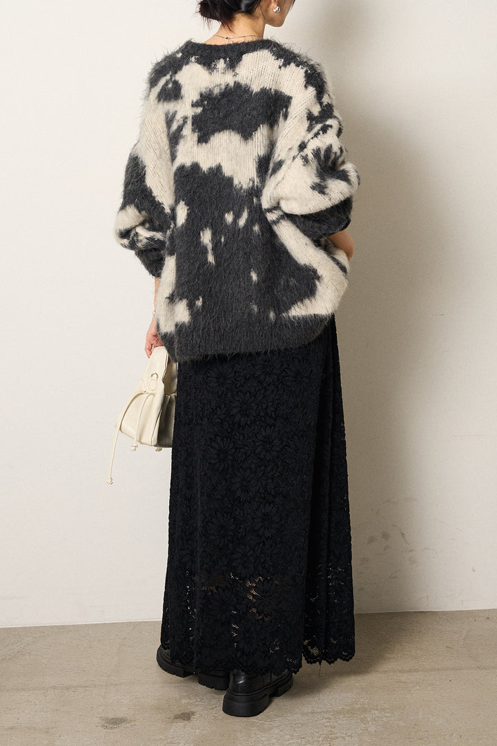 [SET]モヘアタッチマーブルニット+花柄刺繍ベロアフレアスカート(2set)