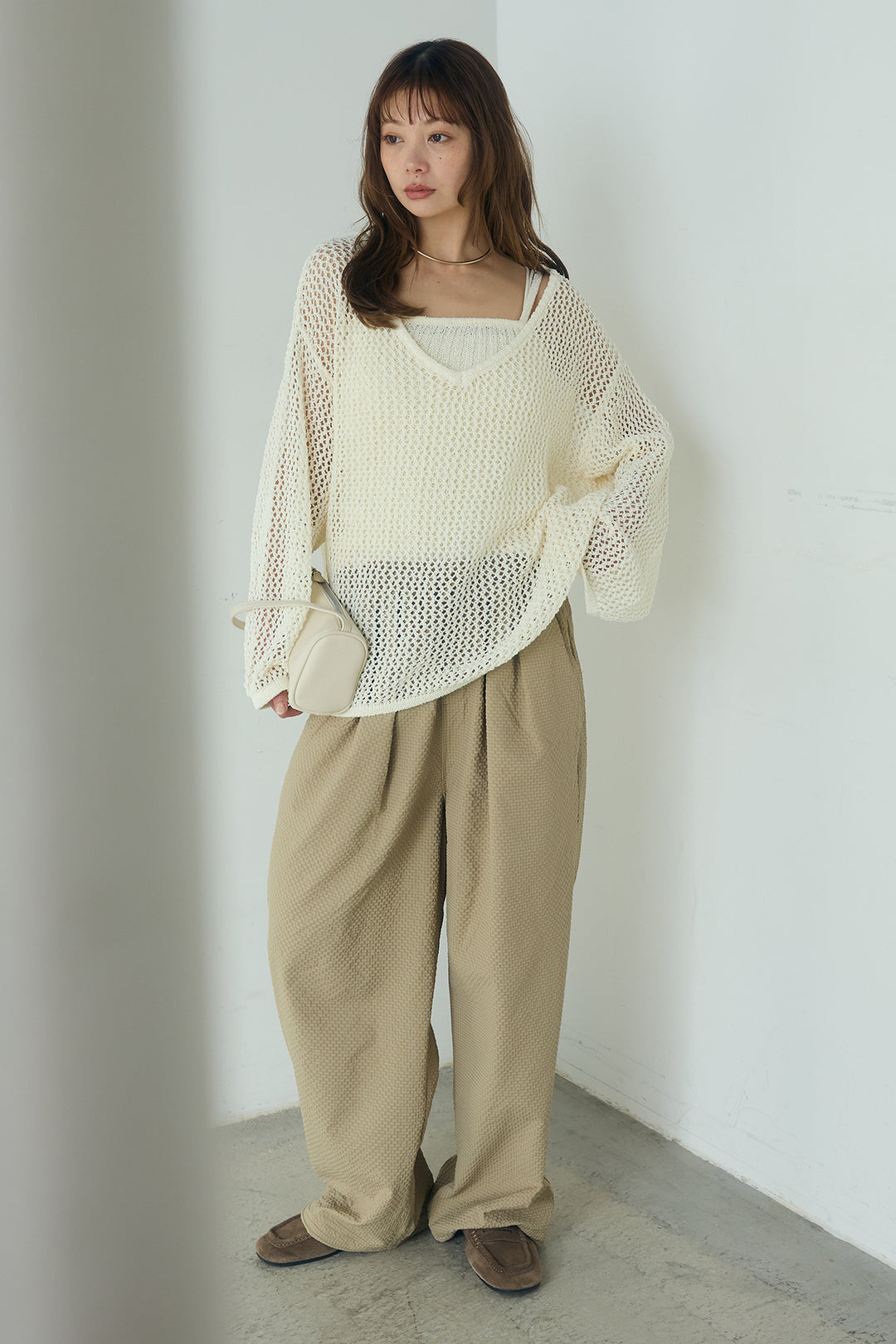 [SET]メッシュ編みビスチェセットVネックプルオーバー+シアサッカーイージーパンツ(2set)