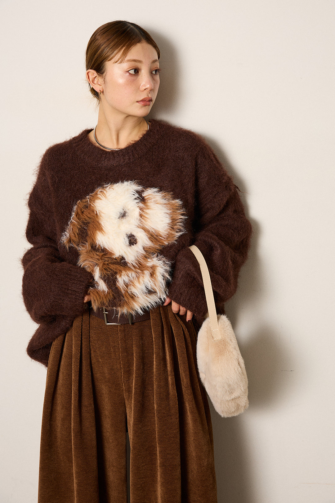 [SET]シャギーニュアンスアニマルニット+ベルトループコーデュロイワイドパンツ(2set)