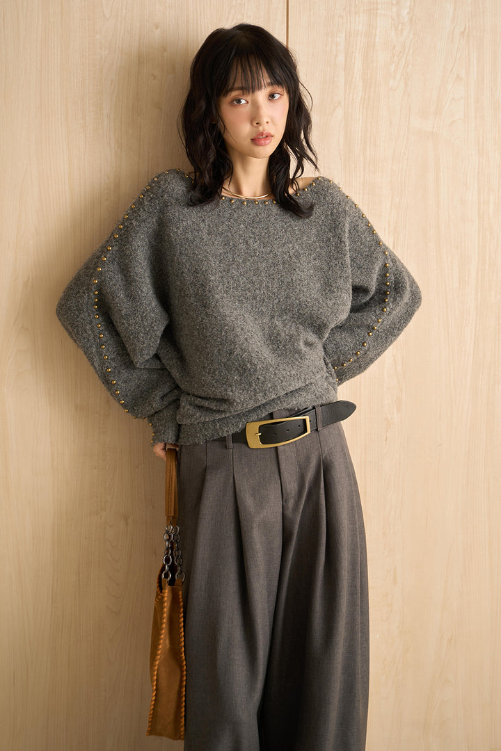 [SET]スタッズトリムドルマンオーバーニット+タック入りワイドスラックス(2set)