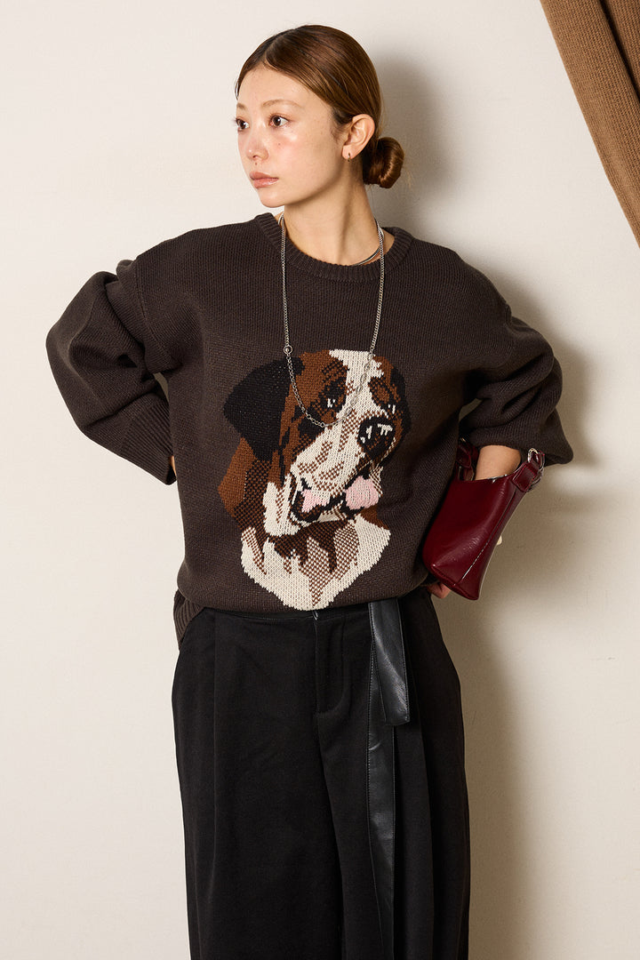 [SET]アニマルジャガード柄ニットトップス+巻ベルトウエストレザーライクワイドパンツ(2set)