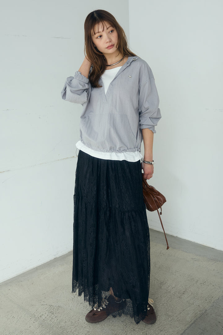 [SET]レイヤードデザインフーディートップス+ひげレース切替ロング丈スカート(2set)