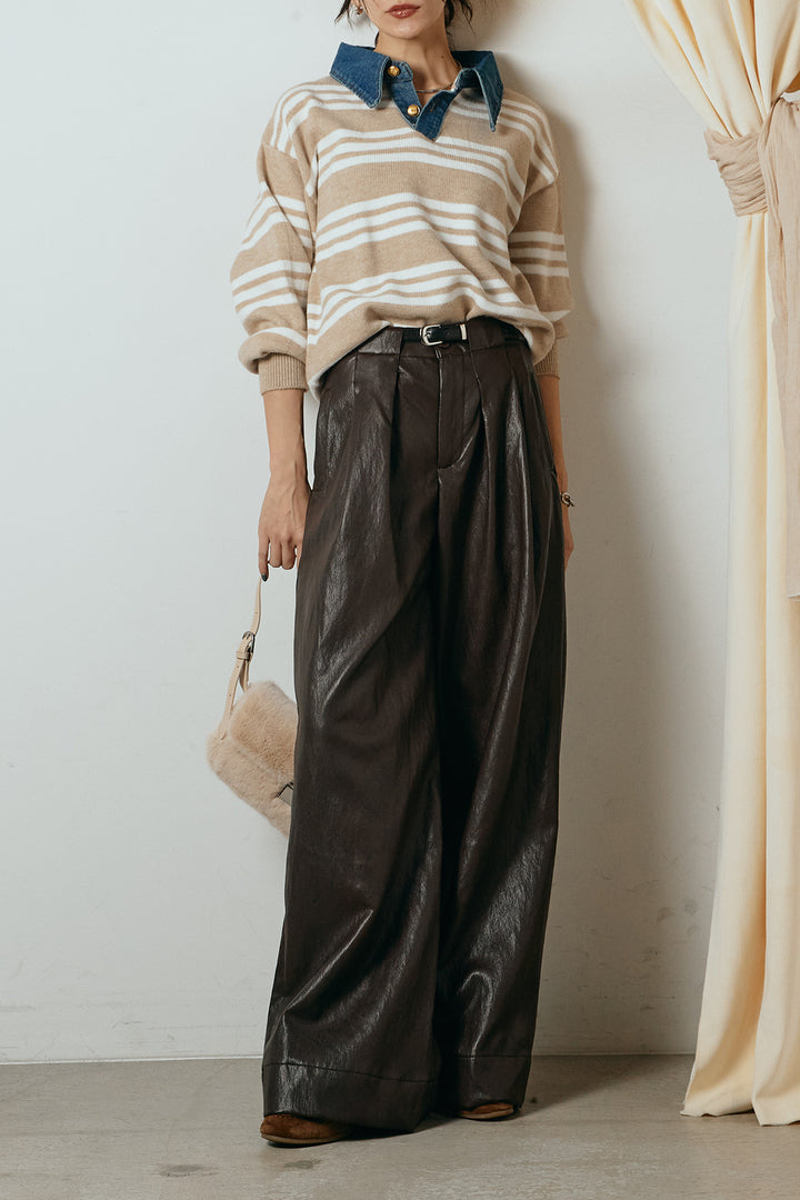 [SET]デニムレイヤード風ランダムボーダーニットプルオーバー+ベルト付きレザーライクタックパンツ(2set)