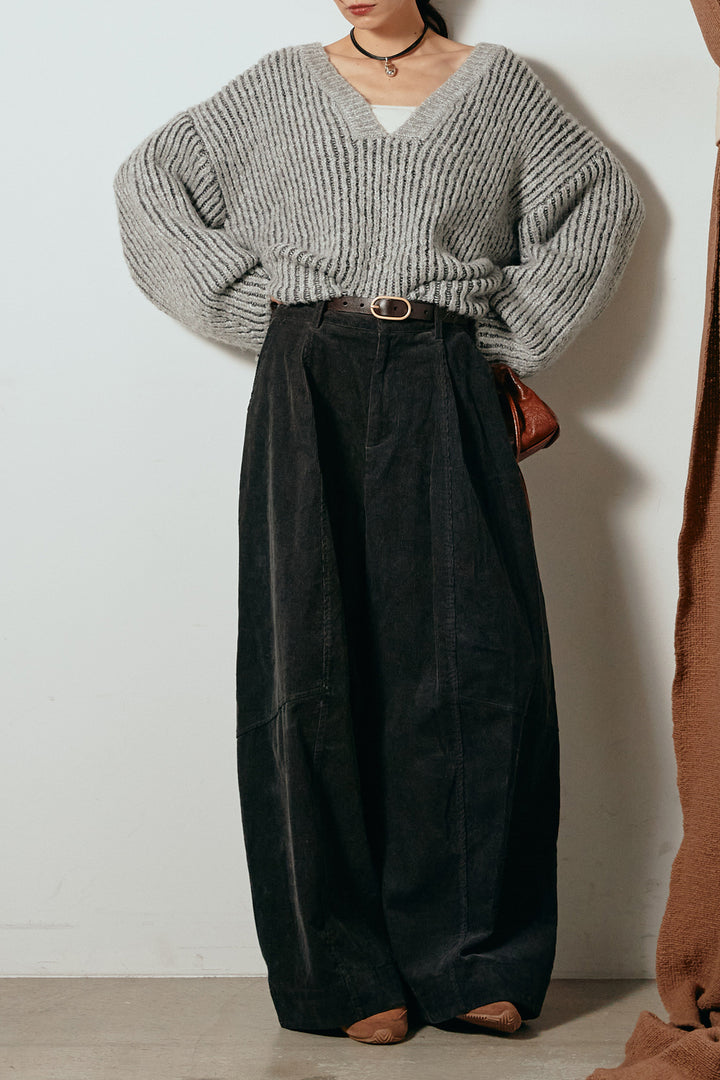 [SET]アルパカタッチ深Vニットトップス+タック入りコーデュロイワイドパンツ(2set)