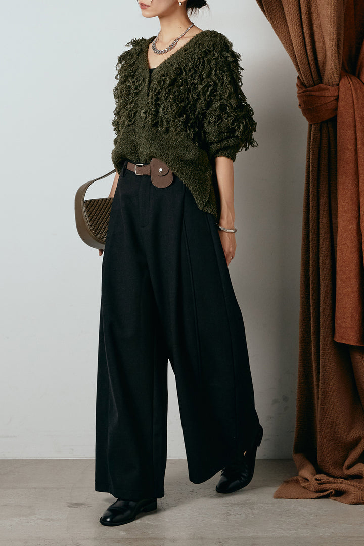 [SET]ループ編みVネックニットカーディガン+ポーチベルト付きカーブパンツ(2set)