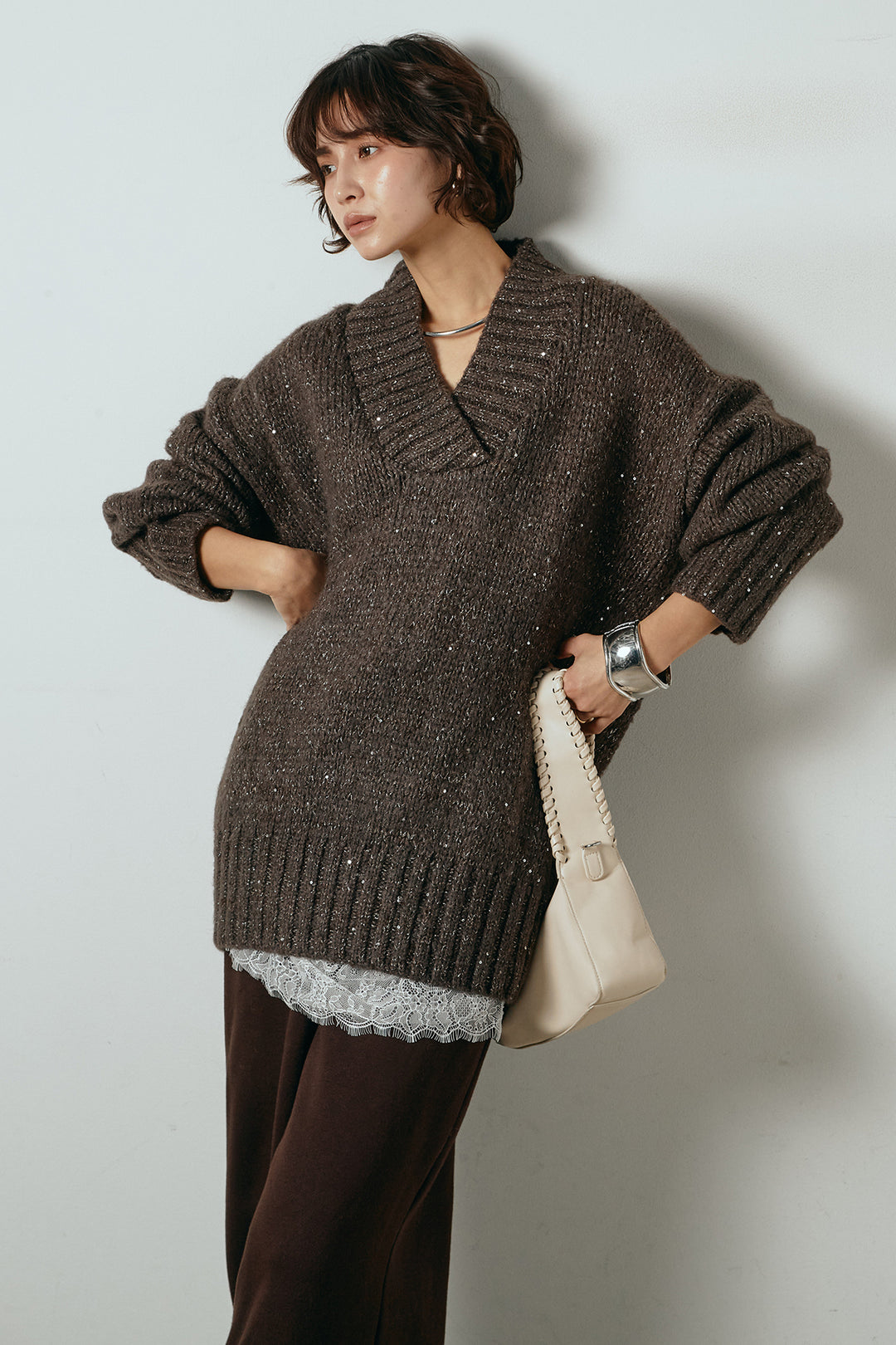 [SET]Vネックラメニットトップス+裏起毛スウェットワイドパンツ(2set)