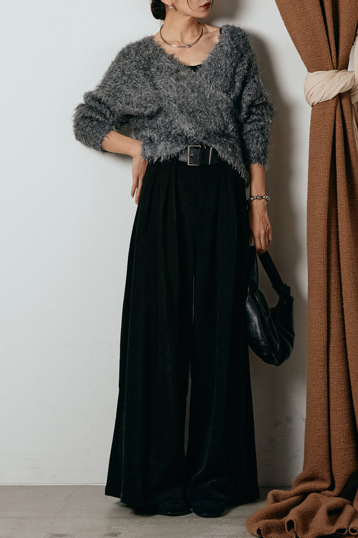 [SET]シャギークロスニットトップス+ベルトループコーデュロイワイドパンツ(2set)