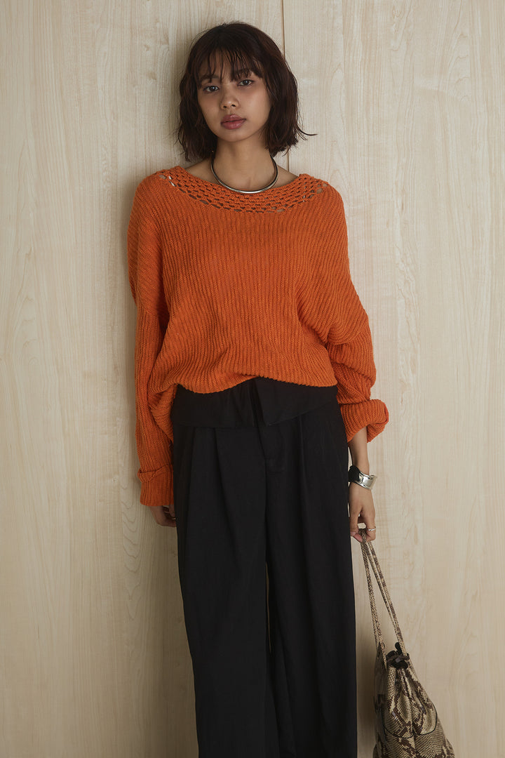 [SET]ネック編みデザインニットトップス+ウエスト折り返しワイドパンツ(2set)