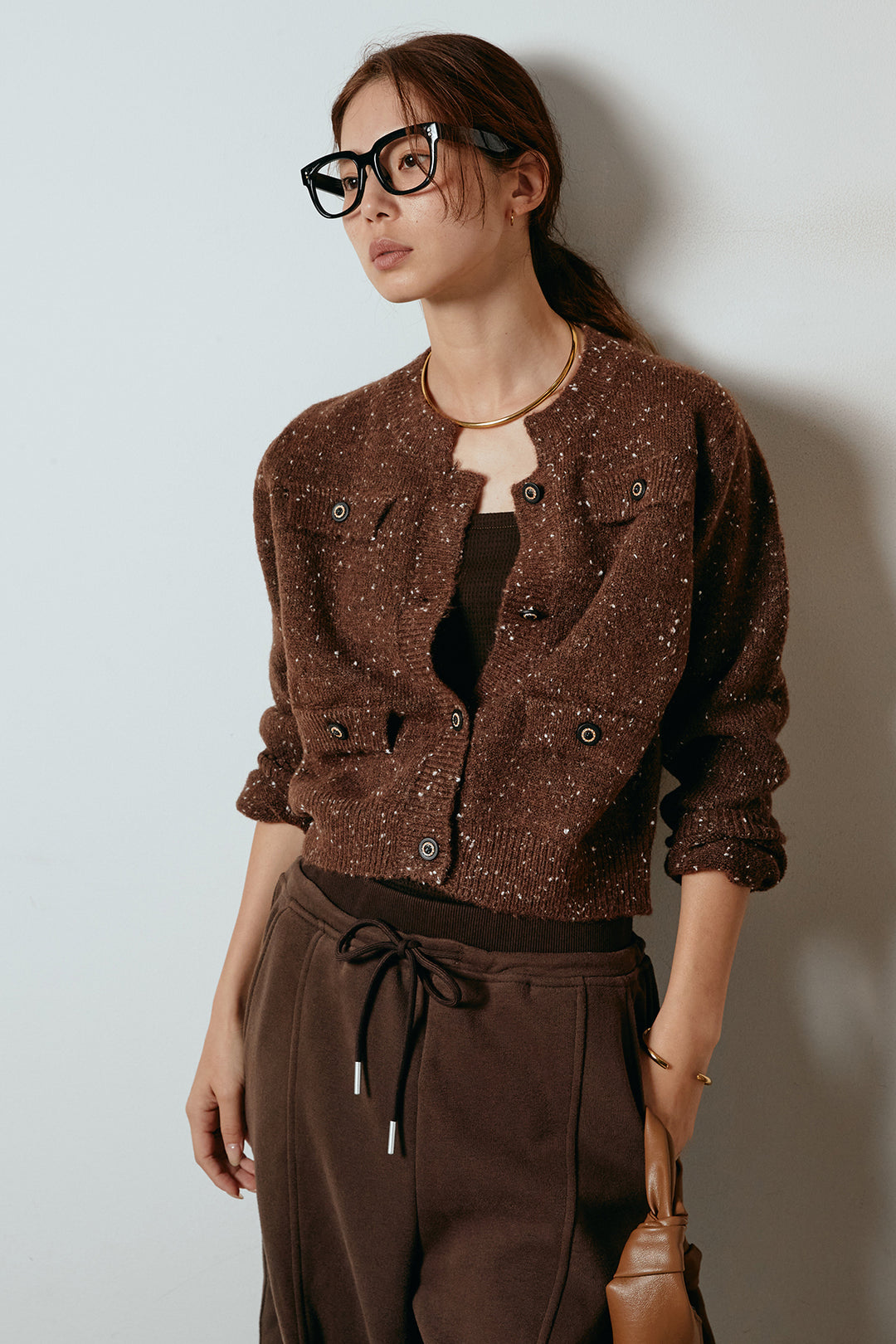 [SET]ネップニットカーディガン+スウェットワイドカーブパンツ(2set)