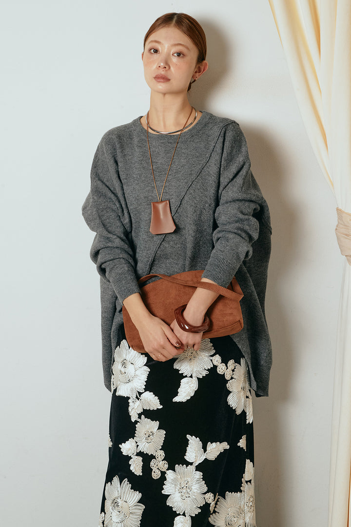 [SET]アシンメトリーデザインニットトップス+フラワー刺繍ワイドスカート(2set)