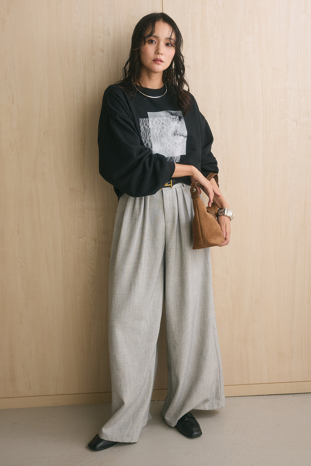 [SET]裏起毛レースドッキングプルオーバー+ゴールドバックルベルト付きタックワイドパンツ(2set)