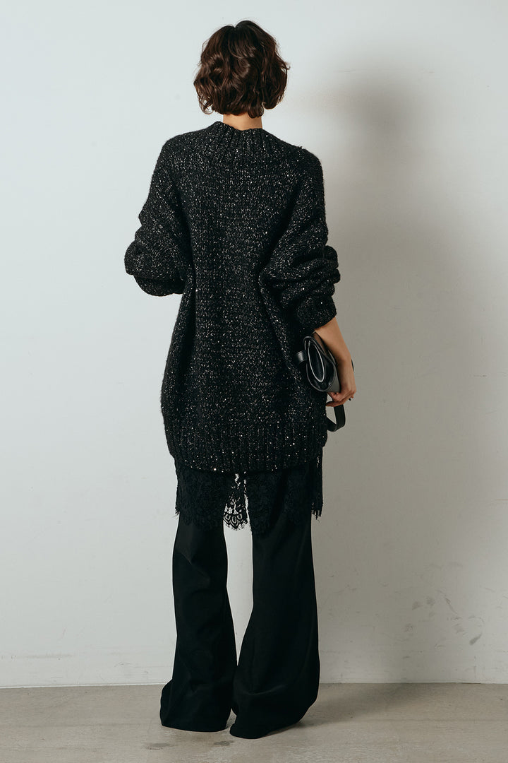 [SET]Vネックラメニットトップス+レース刺繍レイヤードフレアパンツ(2set)