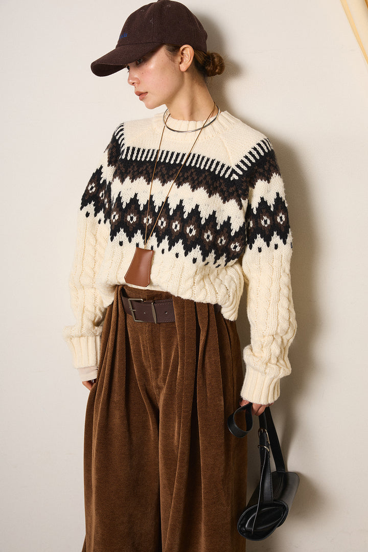 [SET]2WAY求心柄ジャガードショートカーディガン+ベルトループコーデュロイワイドパンツ(2set)