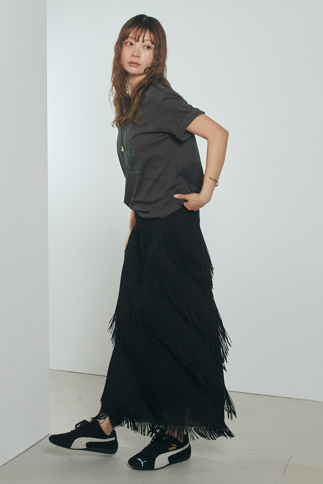 [SET]半袖TIMEロゴカットソー+斜めフリンジデザインスカート(2set)