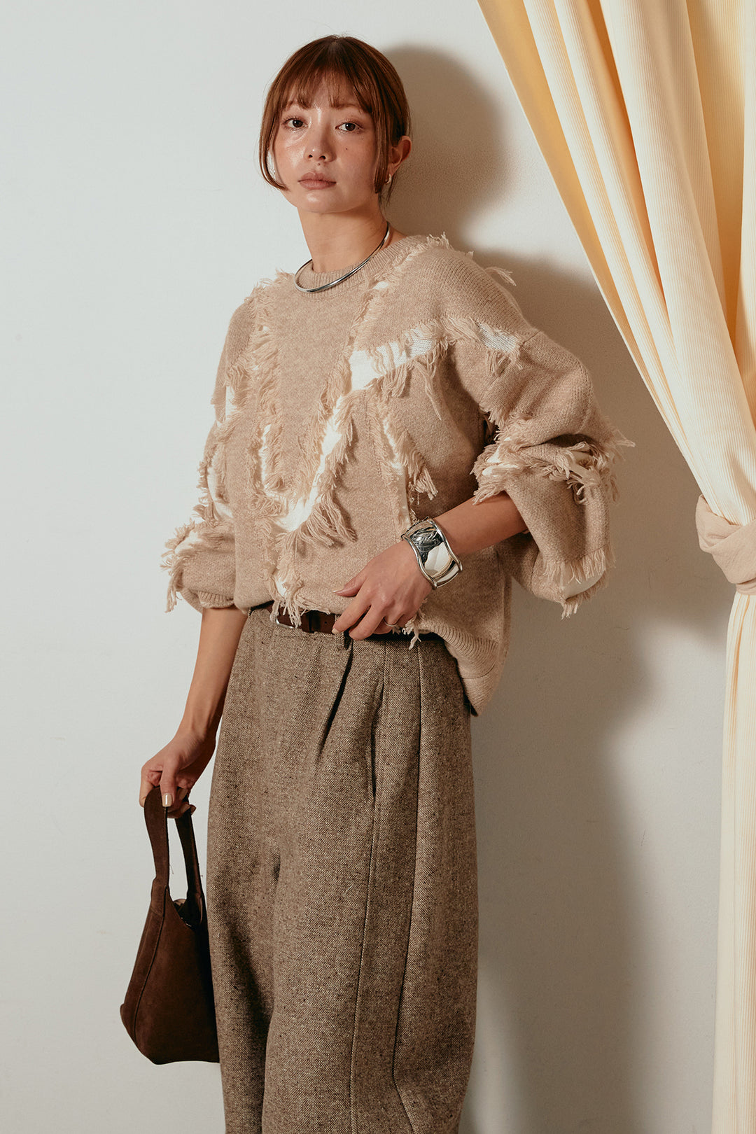 [SET]シャギージャガードニットトップス+ベルト付きネップツイードカーブパンツ(2set)
