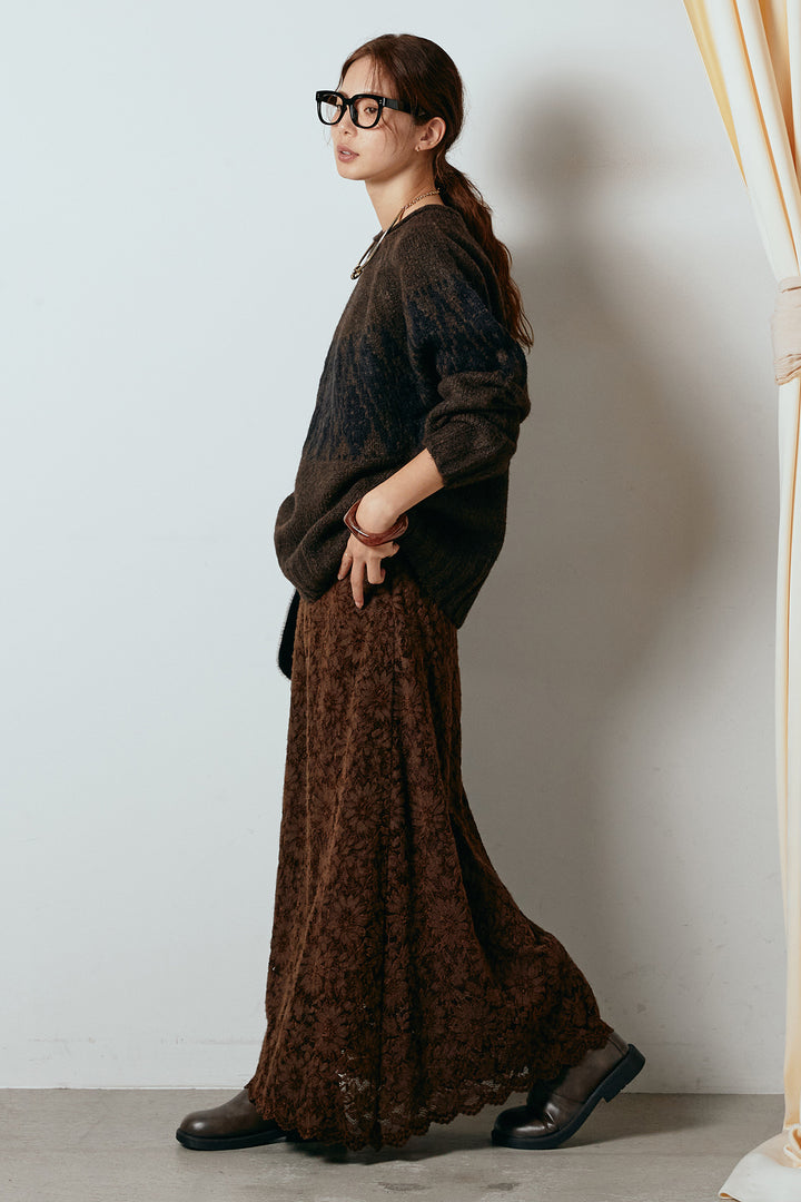 [SET]モノトーン柄ニットトップス+花柄刺繍ベロアフレアスカート(2set)