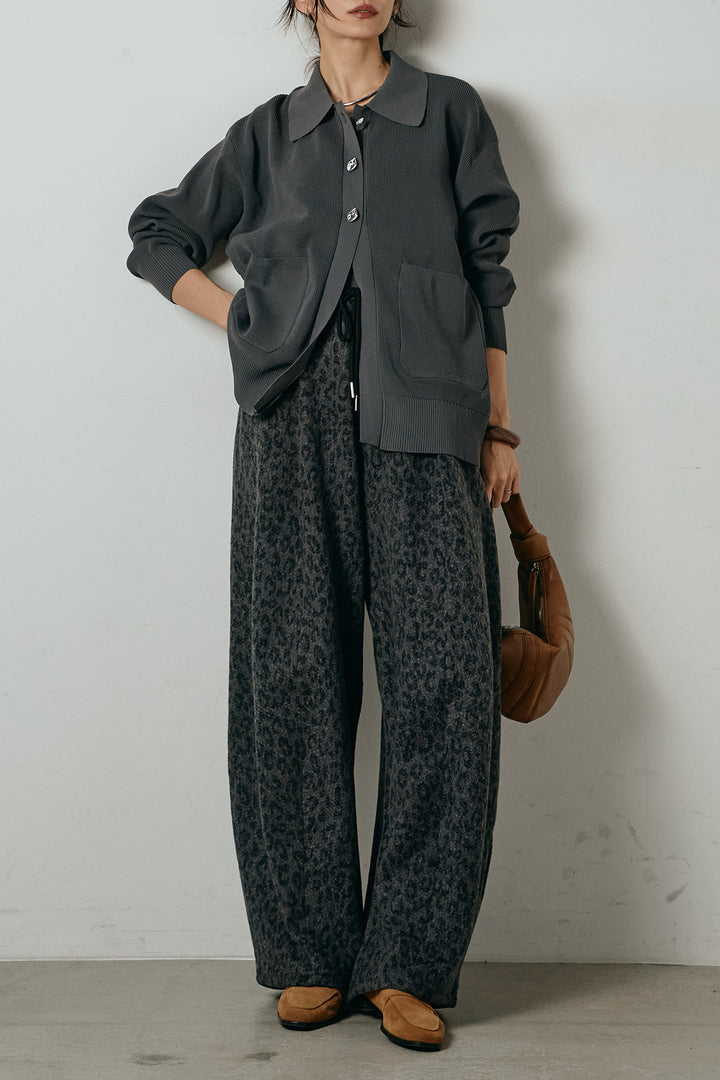 [SET]メタル釦衿付きニットカーディガン+リラックスレオパード柄ワイドパンツ(2set)
